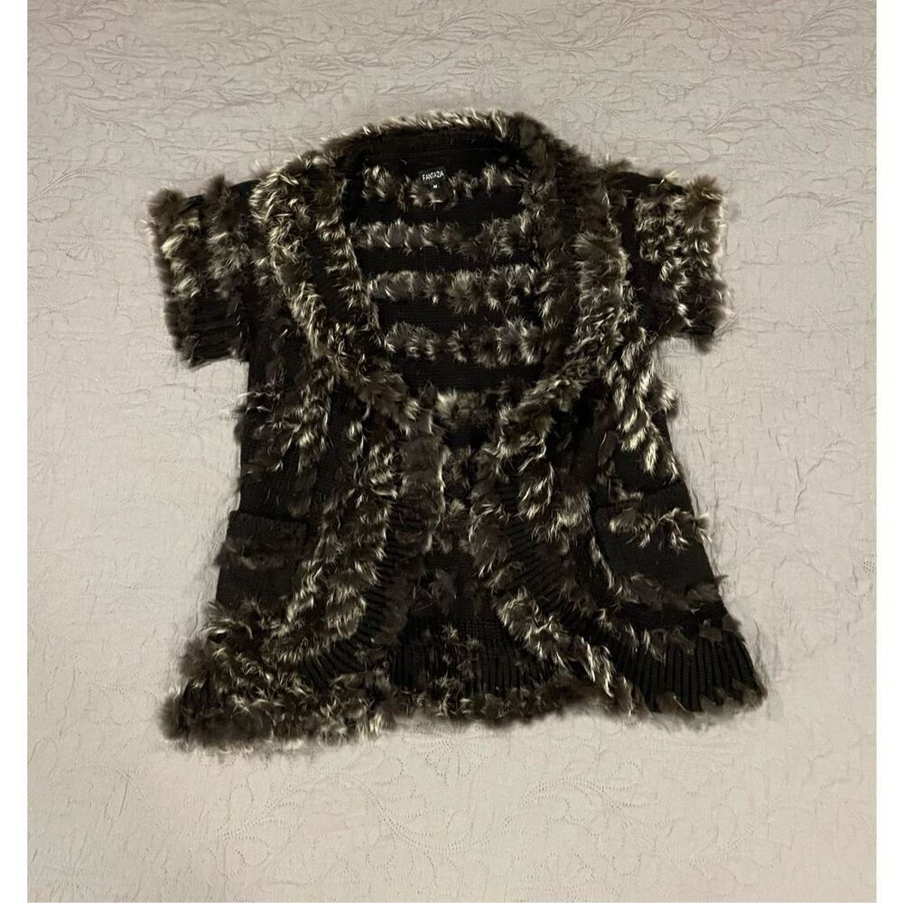 Fantazia Brown Rabbit Fur Sweater Top Pockets Medium Soft
